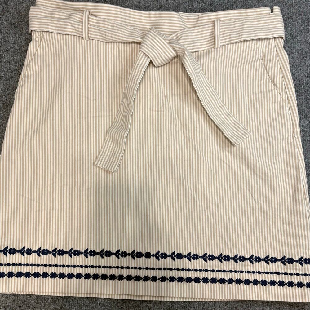 Ann Taylor Skirt Size 14 Beige Striped Navy Floral Embroidered Hem Cotton Lined